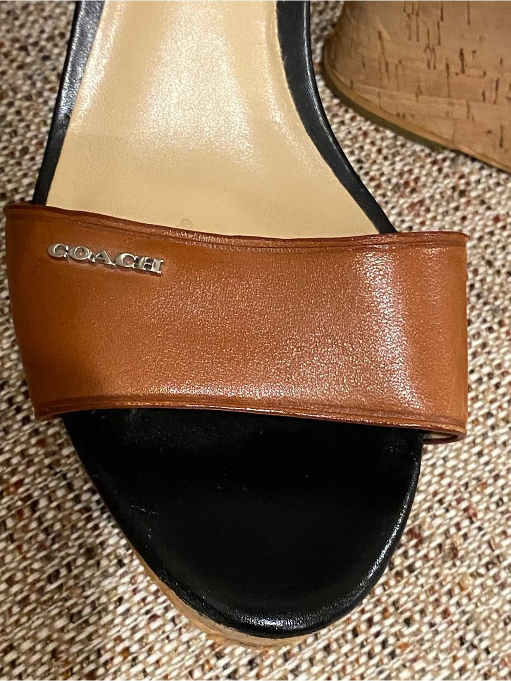 Coach Two-Tone Cork Wedge Sandals - Black & Brown